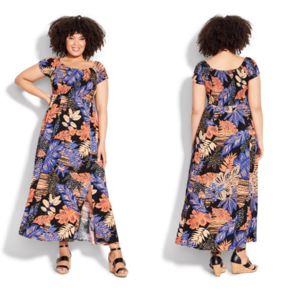 NWT Loralette 22/24 Raelynn Tropical Palm Smocked On/Off Shoulder Maxi Dress
